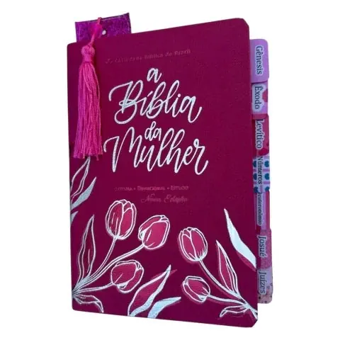Capa do livro Biblia da Mulher de estudos Pink com abas adesivas coladas ARC + Marca páginas glitter