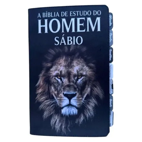 Capa do livro Bíblia de Estudos do Homem Sábio Leão Perfil com Abas adesivas